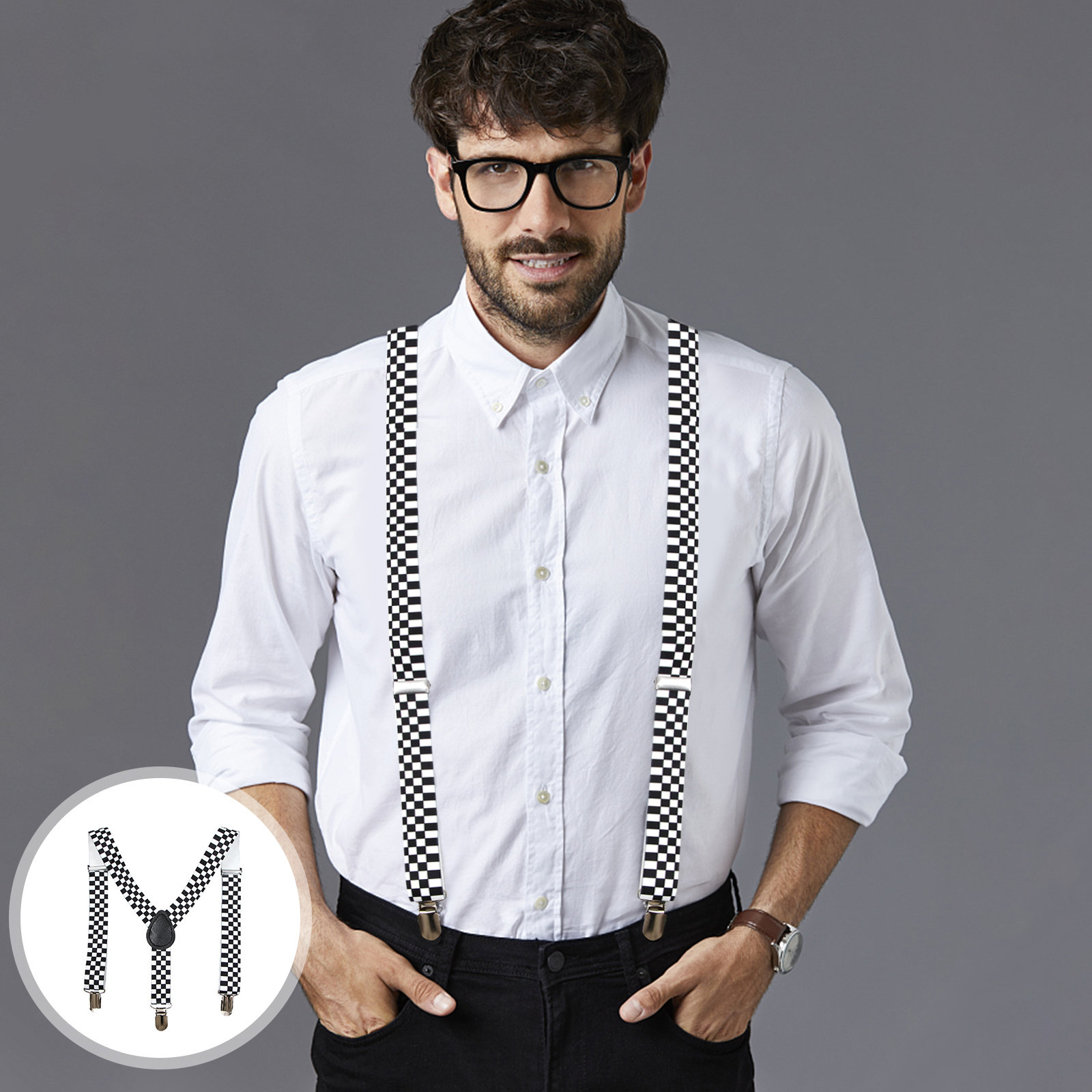 Suspender Clip Formal - Black White Checkered Y-Back Suspender Clip-on