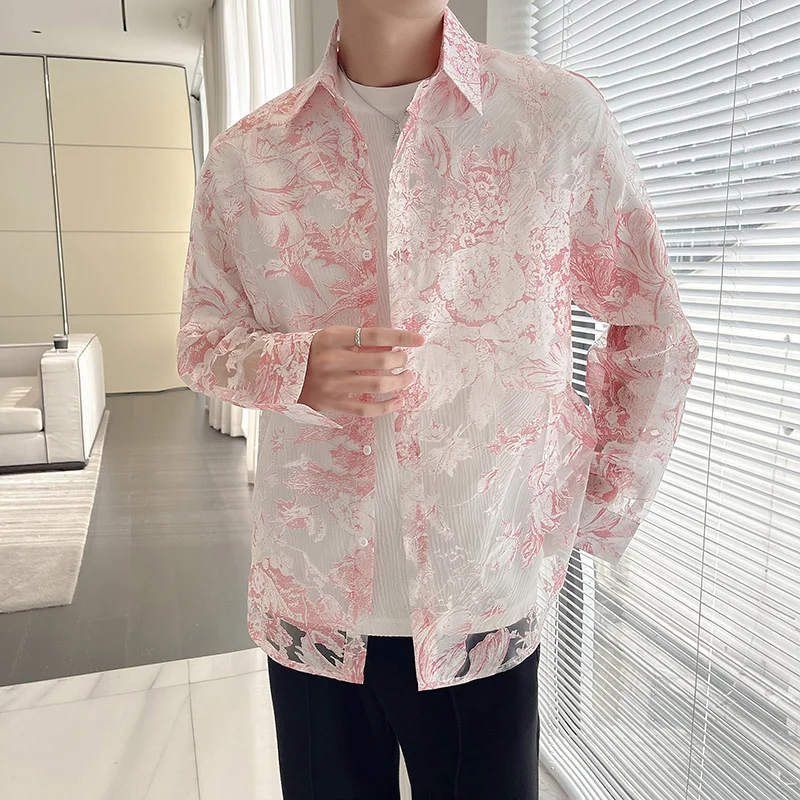 Korean Men Formal Wear - Men Summer Hollow Flowers Organza See