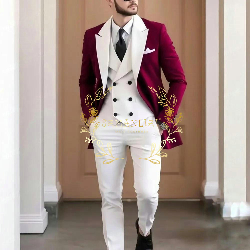 Men Formal Wear Pants - Elegant Burgundy 3-pieces Men's Suit High
