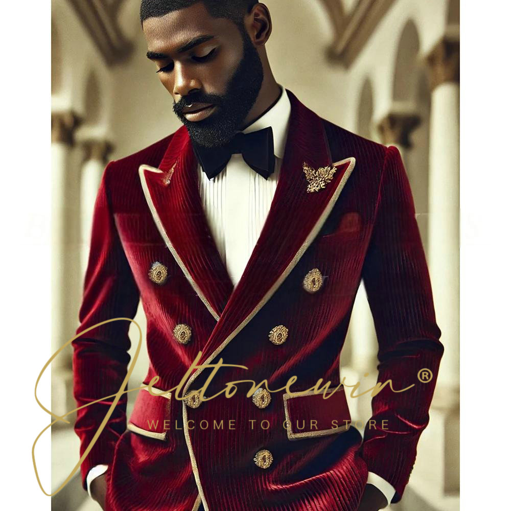 Men Formal Wear For Dinner - Men's Elegant Burgundy Corduroy Double Breasted