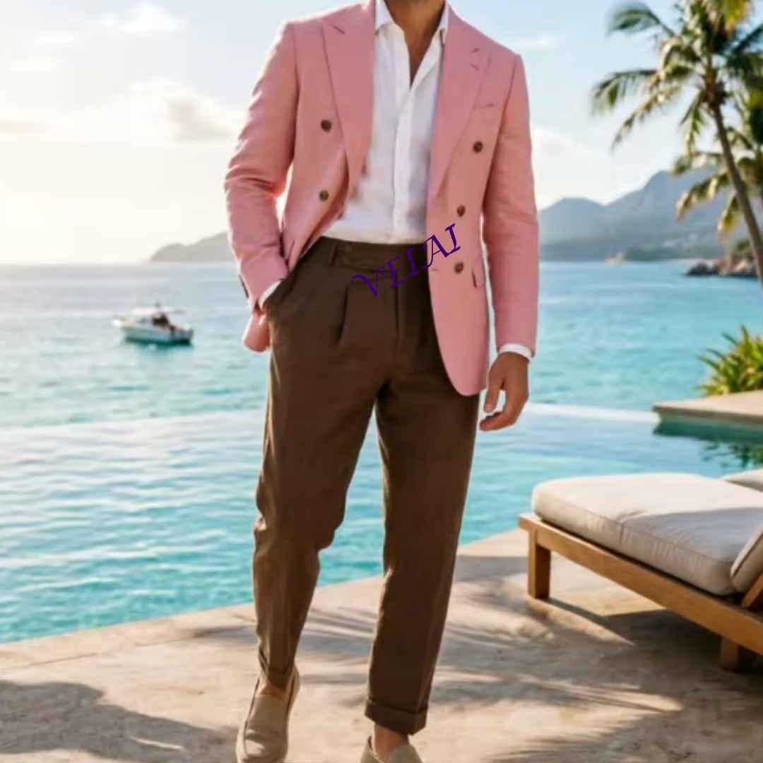 Men Formal Wear Pants - Customized2 Piece Beige Linen Men Double