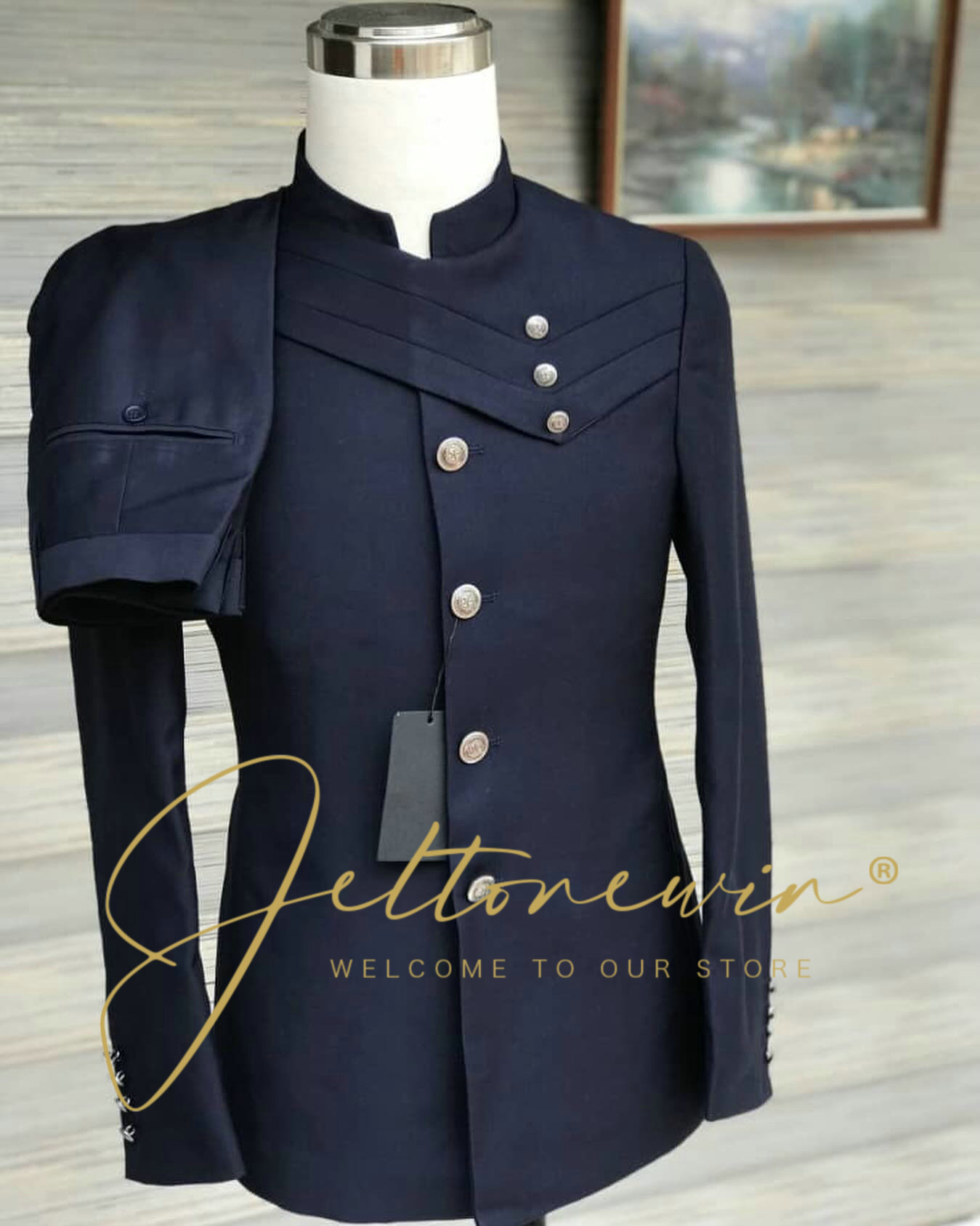 Men's Navy Blue Suit Set with  – Men Formal Wear Blue Bewertung und Preis